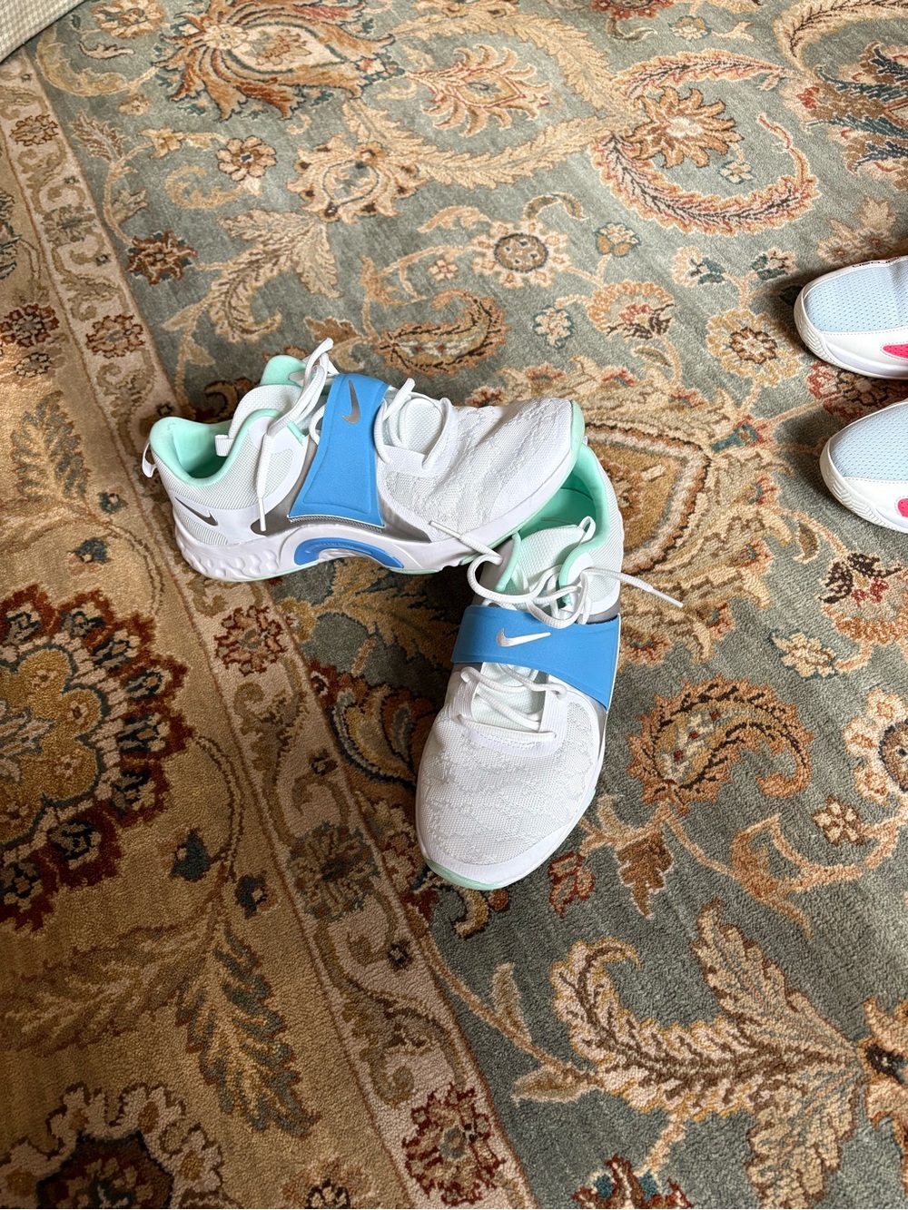 Nike White Sneakers with Blue Strap and Mint Green Lining